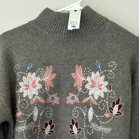 New June & Ivy cropped knit sweater embroidered flowers mock neck bohemian L - Picture 6 of 13